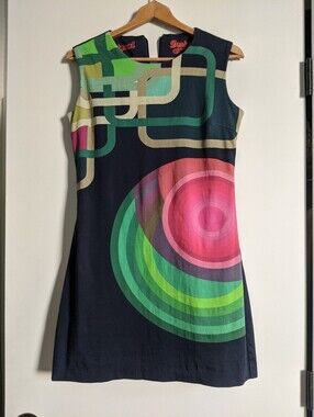 DESIQUAL Navy Shift Dress with Pink and Green Circular Print